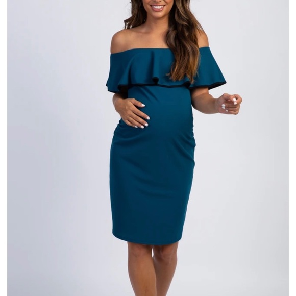 Teal Off Shoulder Maternity Dress- NWT - Picture 4 of 4